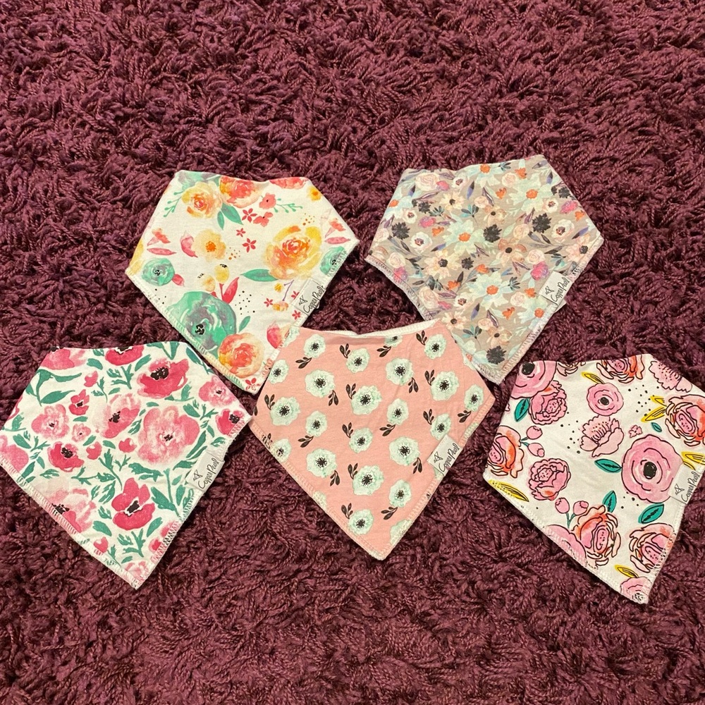 5 Copper Pearl bibs baby girl
